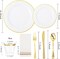SUT 350-piece elegant white and gold disposable dinnerware set, including premium dinner and salad plates, cups, napkins, and cutlery for 50 guests. This all-inclusive set is perfect for hosting upscale parties with convenience and style.